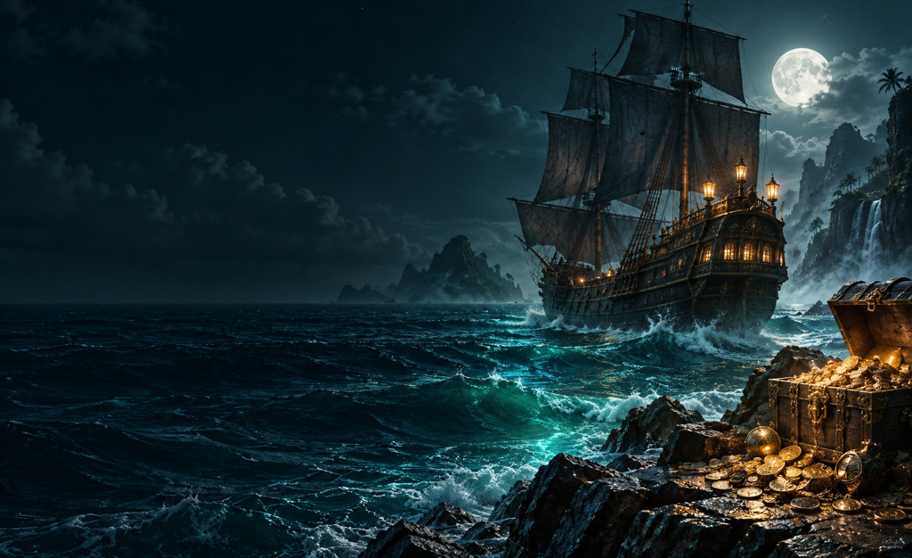 Barco pirata en un mar esmeralda bajo la luna