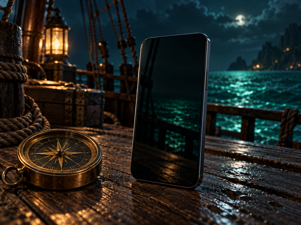 Smartphone and compass on a ship’s deck